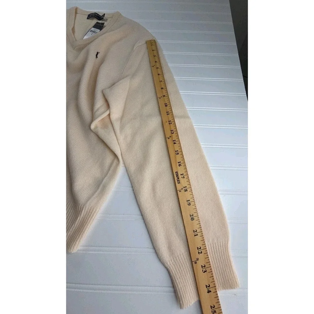 POLO RALPH LAUREN MEN'S LARGE V NECK SWEATER‎ CREAM WOOL, LOGO, NWT